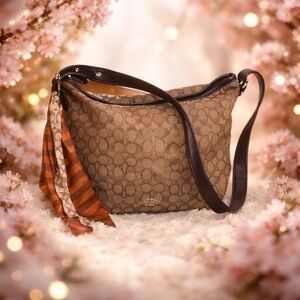 LKNEW COACH LARGE SIGNATURE CANVAS BROWN HOBO SHOULDER BAG PURSE HANDBAG & Scarf